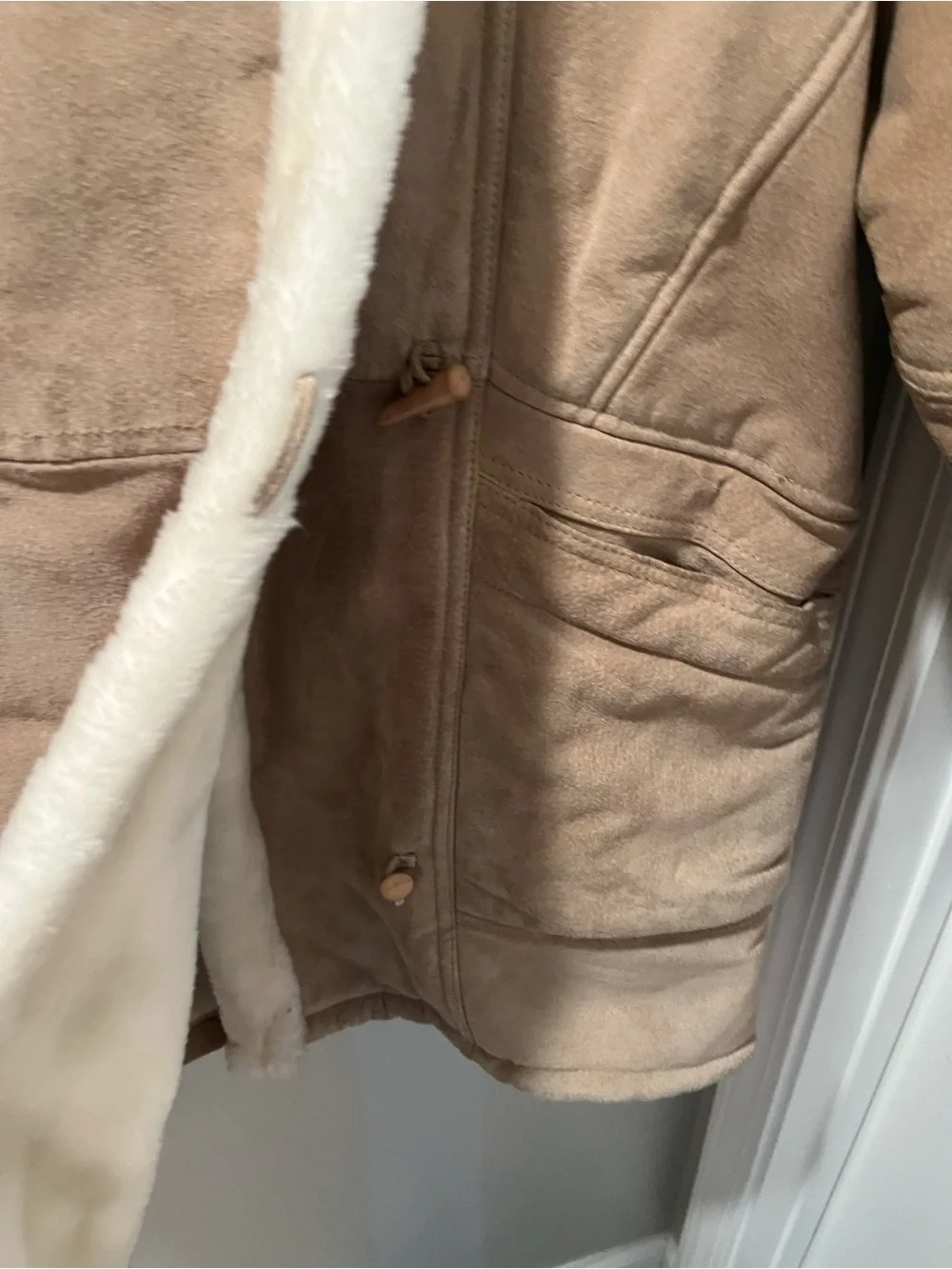 UNISEX Wilsons Leather Women's Tan Coat with Cream Faux-Shearling Trim